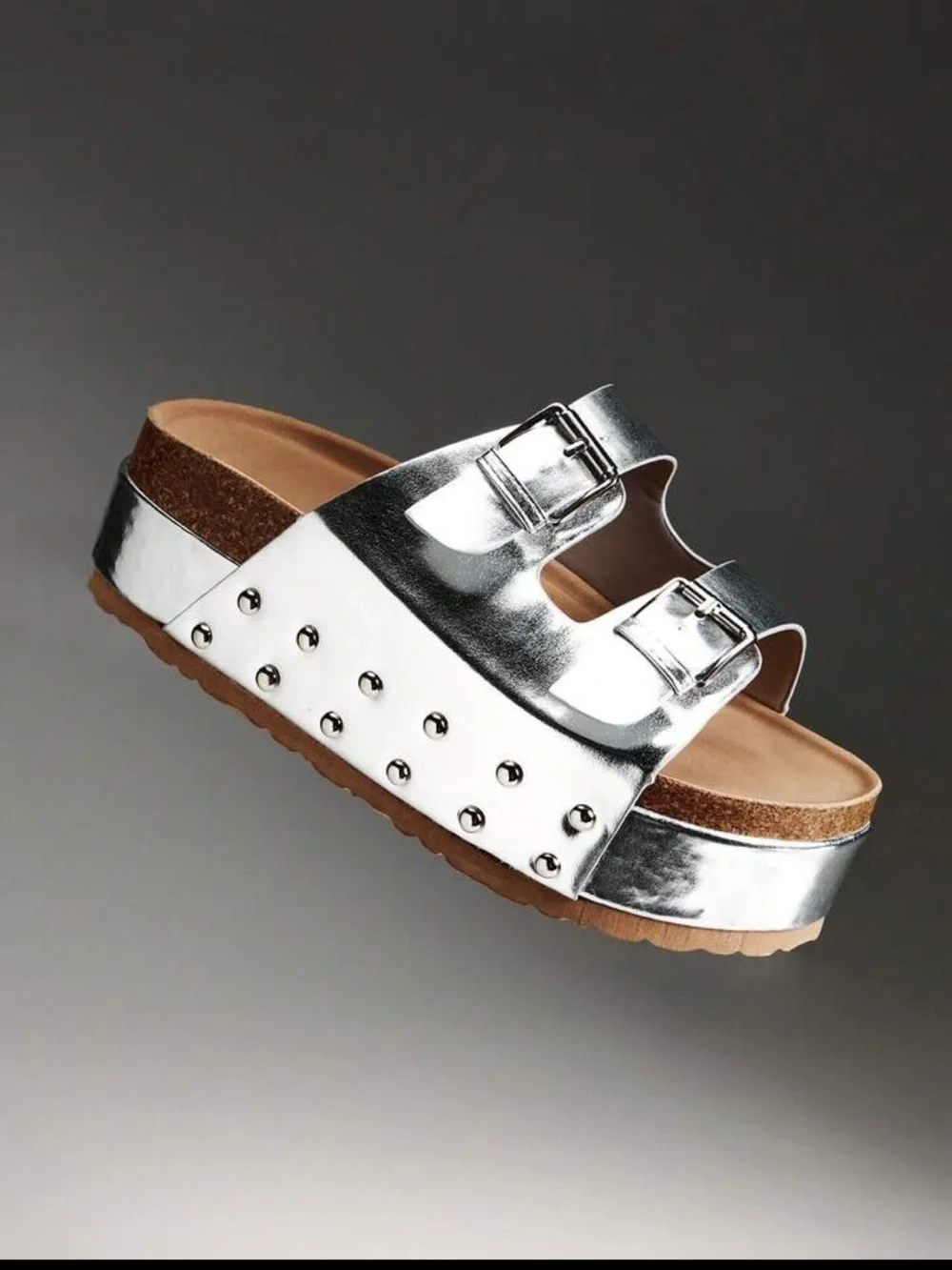 NEW Metallic Silver Double-Buckle Slide Sandal